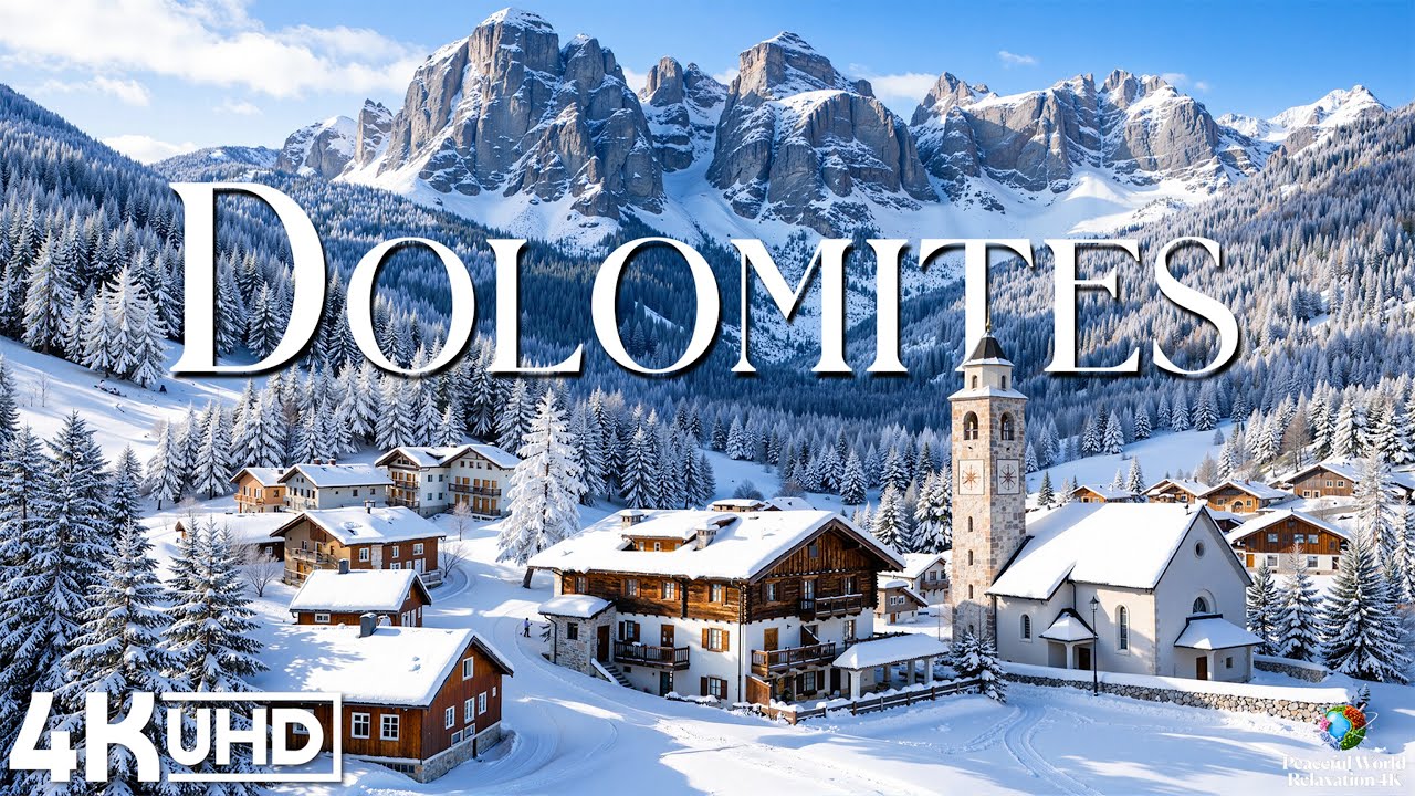 Зимние Доломиты 4K | Величественные заснеженные вершины и тихие альпийские деревни в Италии