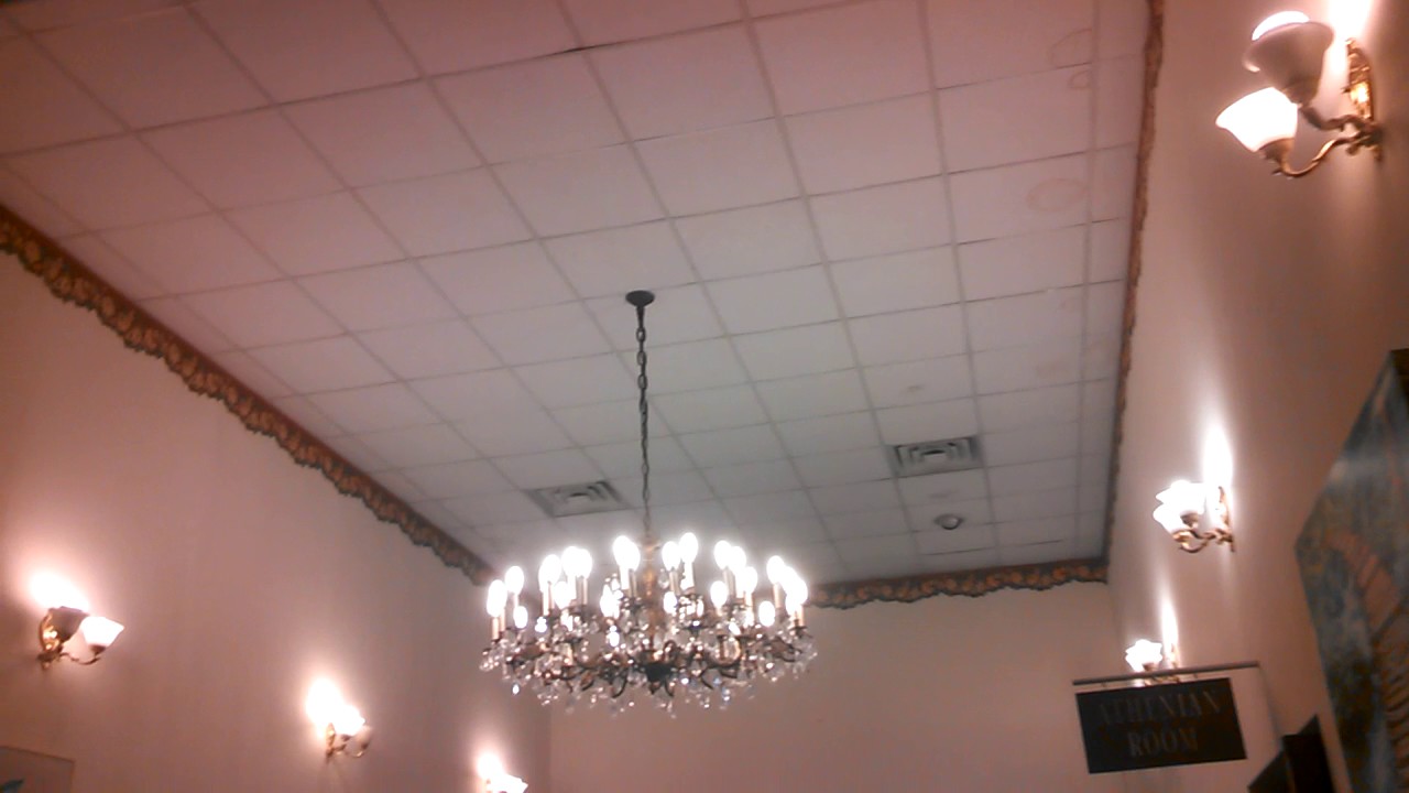 Hampton Bay Industrial Commercial Ceiling Fans And Various Chandeliers In A Banquet Facility