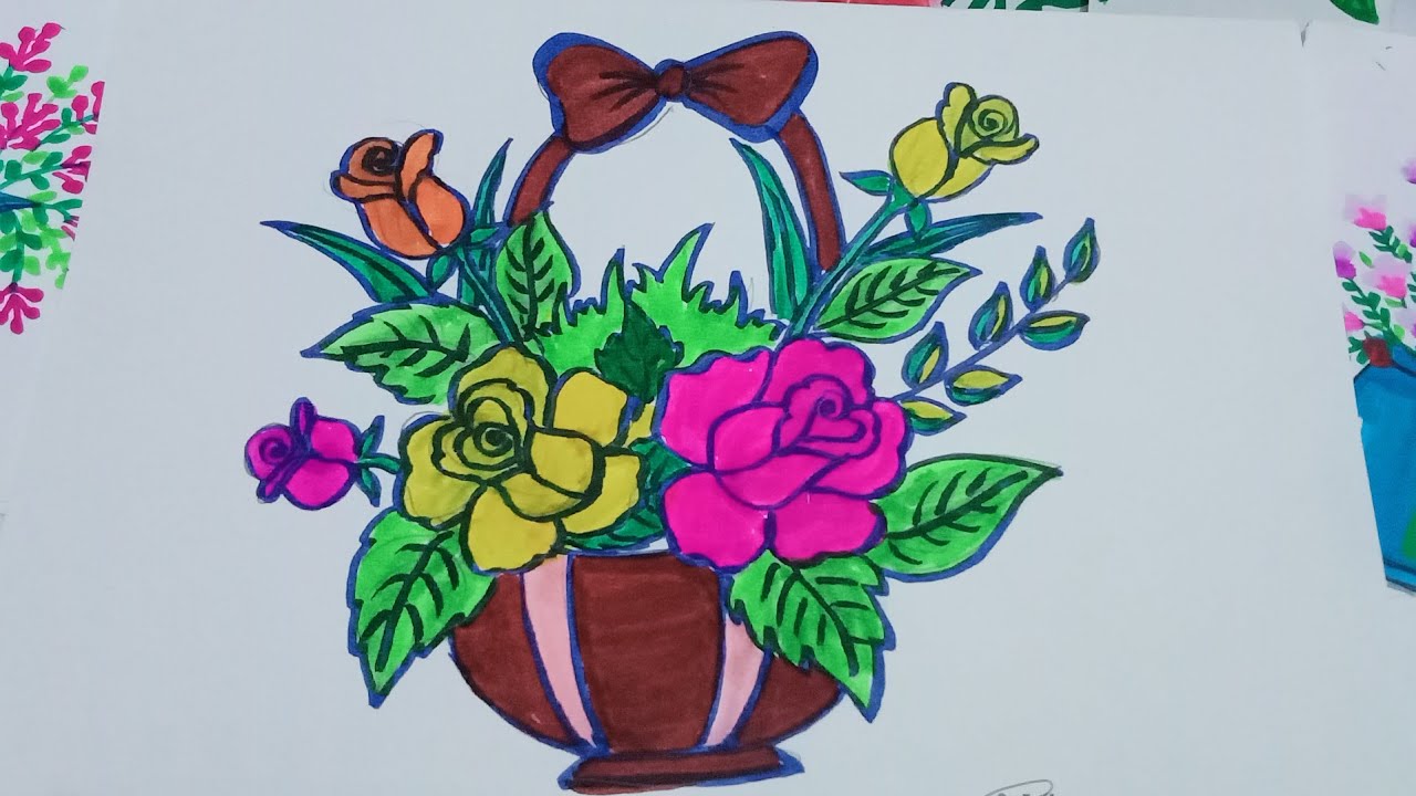 Beautiful Rose Flowers Vase Drawing || Easy Drawing And Colour ...