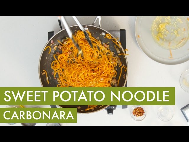 Spiralized Sweet Potato Noodles with Pesto & Coconut Bacon