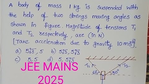 Een lichaam met een massa van 1 kg wordt opgehangen met behulp van twee touwen die hoeken maken z...