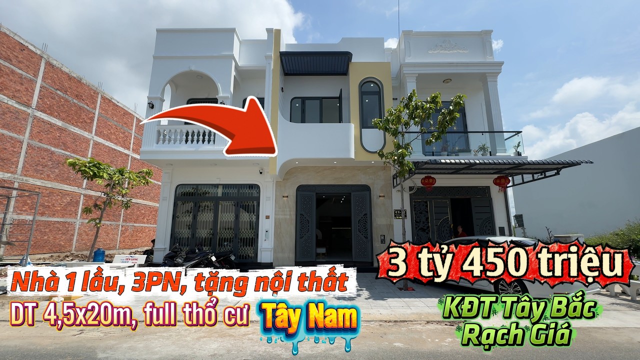 Nhà 1 lầu, 3PN, sân sau 4m, tặng nội thất, KĐT Tây Bắc, Rạch Giá