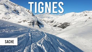 Skiing 'sache' the longest single black piste in Tignes Val d'Isere.