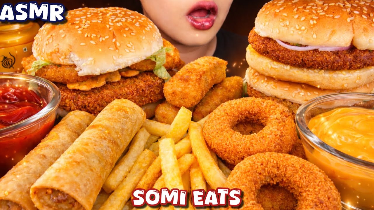 BURGER, FRENCH FRIES, ONION RINGS, VEGGIE FINGER, SPRING ROLL WITH CHEDDAR CHEESE SAUCE MUKBANG
