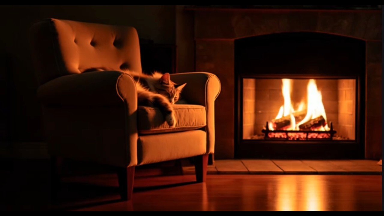 Fireplace Night with a Sleeping Cat 🐱🔥 Calm Cozy Home Ambience