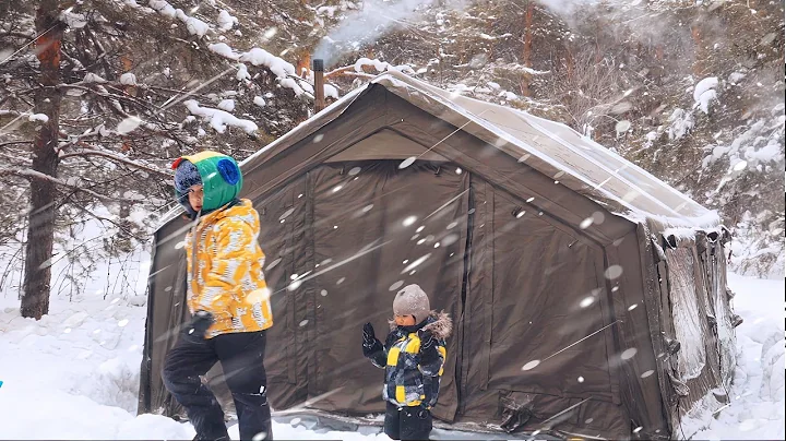Camping in Heavy Snow with kids. Inflatable Hot Tent. Wood Stove ASMR