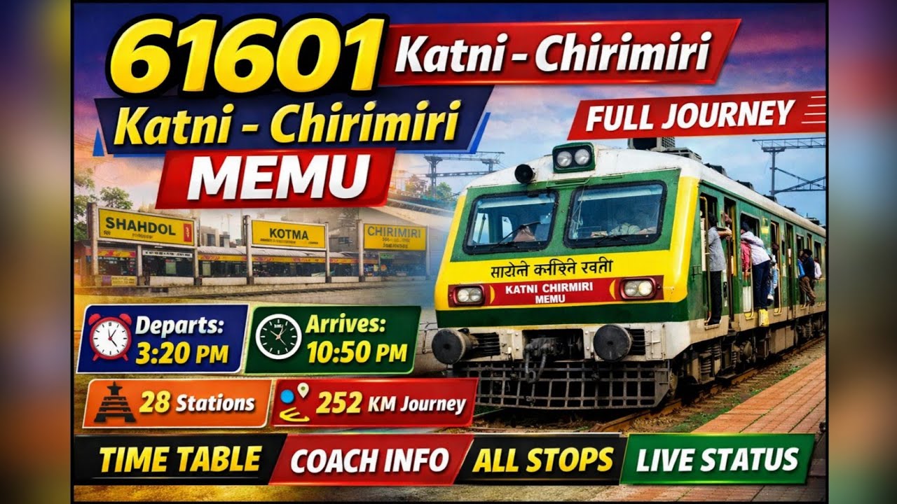 61601 Katni–Chirimiri MEMU Full Journey | Time Table, All 28 Stops & Coach Details 🚆