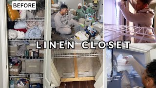 MESSY LINEN CLOSET MAKEOVER 2024 | SPRING RESET VLOG + NEW FLOOR INSTALL + FOLDING HACKS