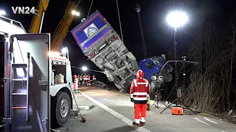 VN24 - Truck plunges down a slope on the A445 - recovery with two mobile cranes