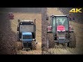 Гусеничные тракторы Агромаш 90ТГ, ДТ-75 и колесный Massey Ferguson 6713 пашут поле в деревне