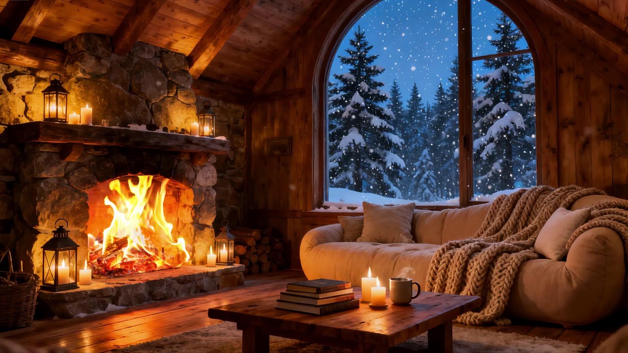 Cozy Winter Night Fireplace Sounds & Snowfall Ambience