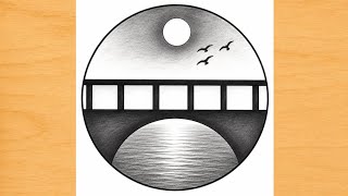 Easy Circle Scenery Drawing | Beautiful Moon Bridge Pencil Sketch Step by Step | Easy Drawing 