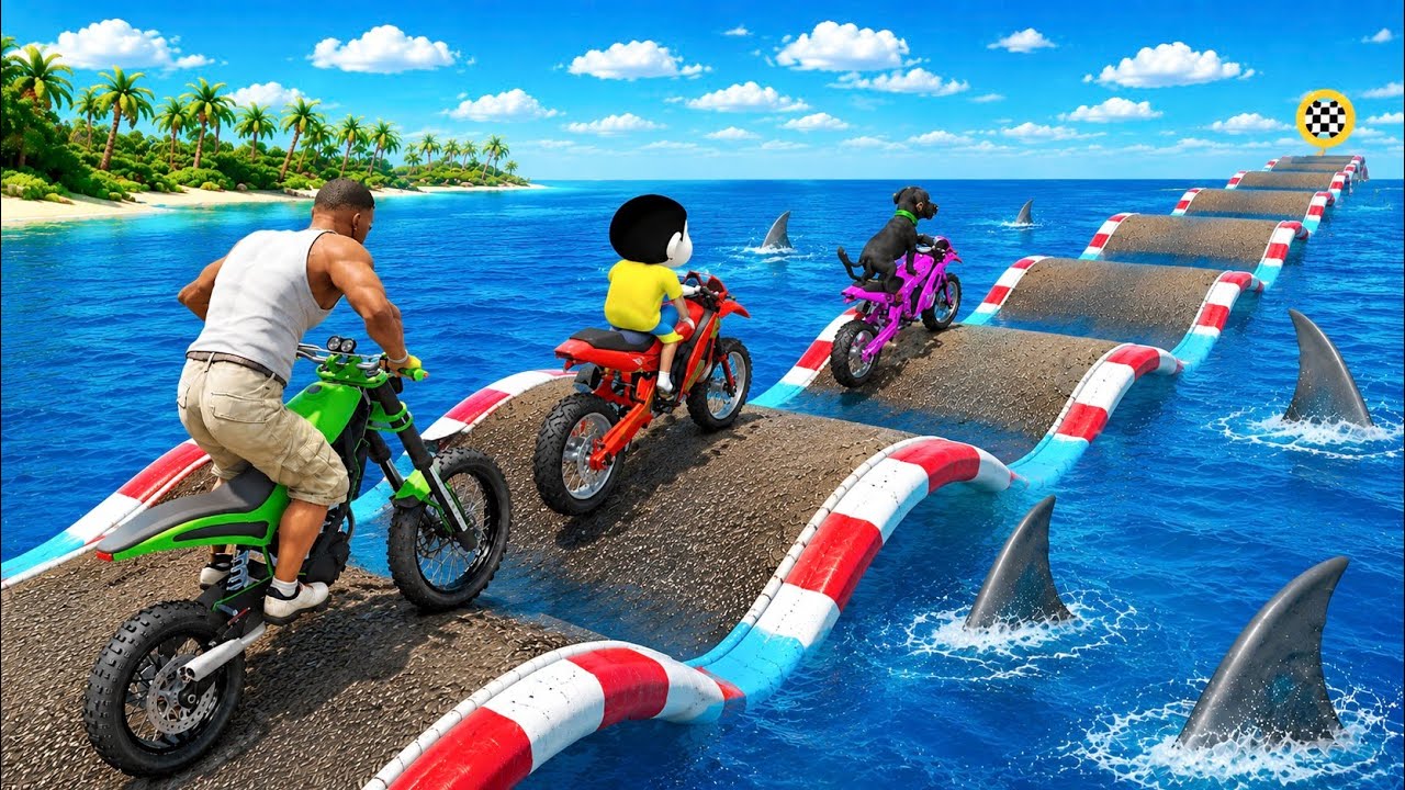 Franklin Shinchan Tried Impossible Crashed Vehicle On Sea Parkour Ramp Challenge in Gta5
