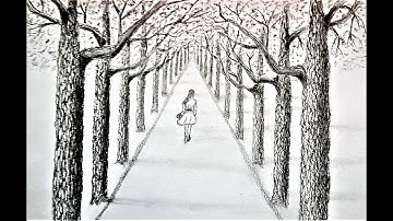 How to draw a road with trees in 1 point perspective