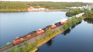 Awesome Aerial 4K View! Long Stack Train CN 121 w/DPU passing Rocky Lake, NS in Golden Hour Light