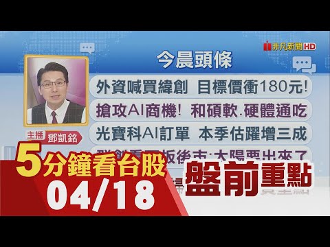 台積電ADR僅跌0.5%力抗費半跌勢!台積電重返8字頭 資金押寶今天法說!鴻海攜輝達攻AI 3領域同步進擊!傳台電再釋訂單 重電.線纜大補 ｜主播鄧凱銘｜【5分鐘看台股】20240418｜非凡財經新聞