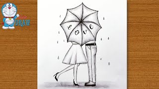 Girl and boy kiss in the rain with a sketch||couple drawing by outline art master