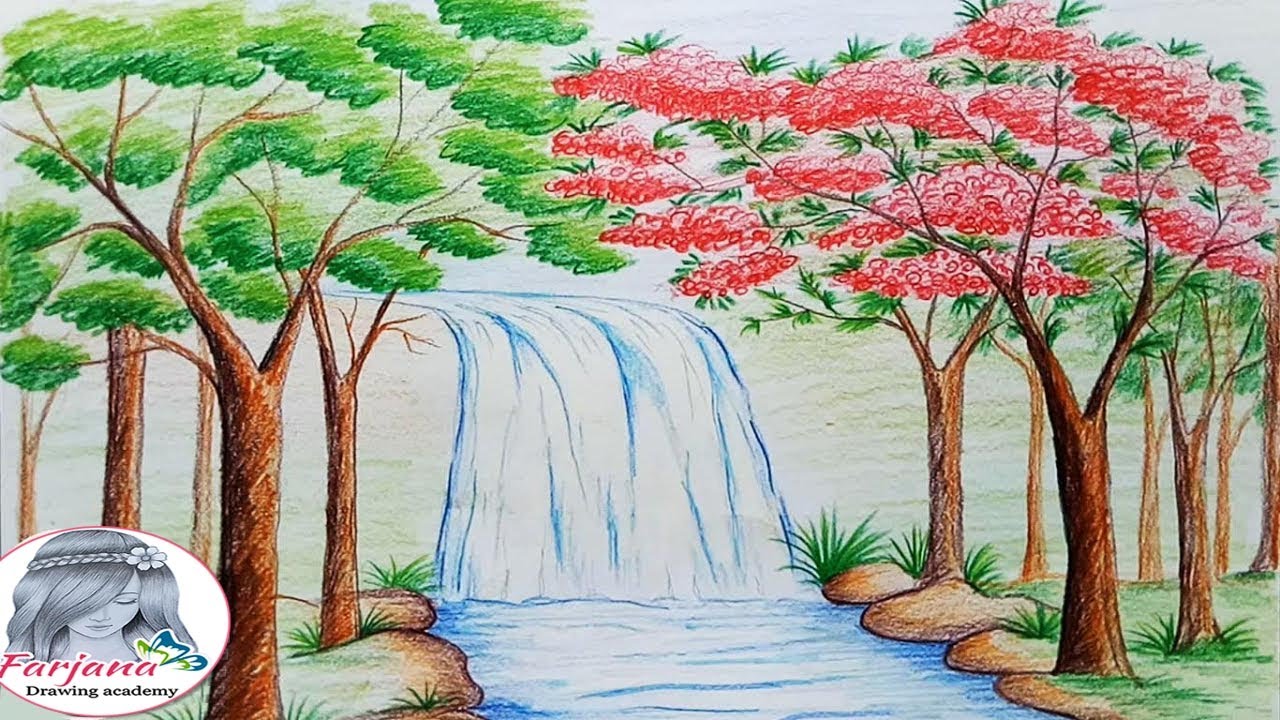 Waterfall Color Pencil Drawing ~ Waterfall Wasserfall Zeichnen ...