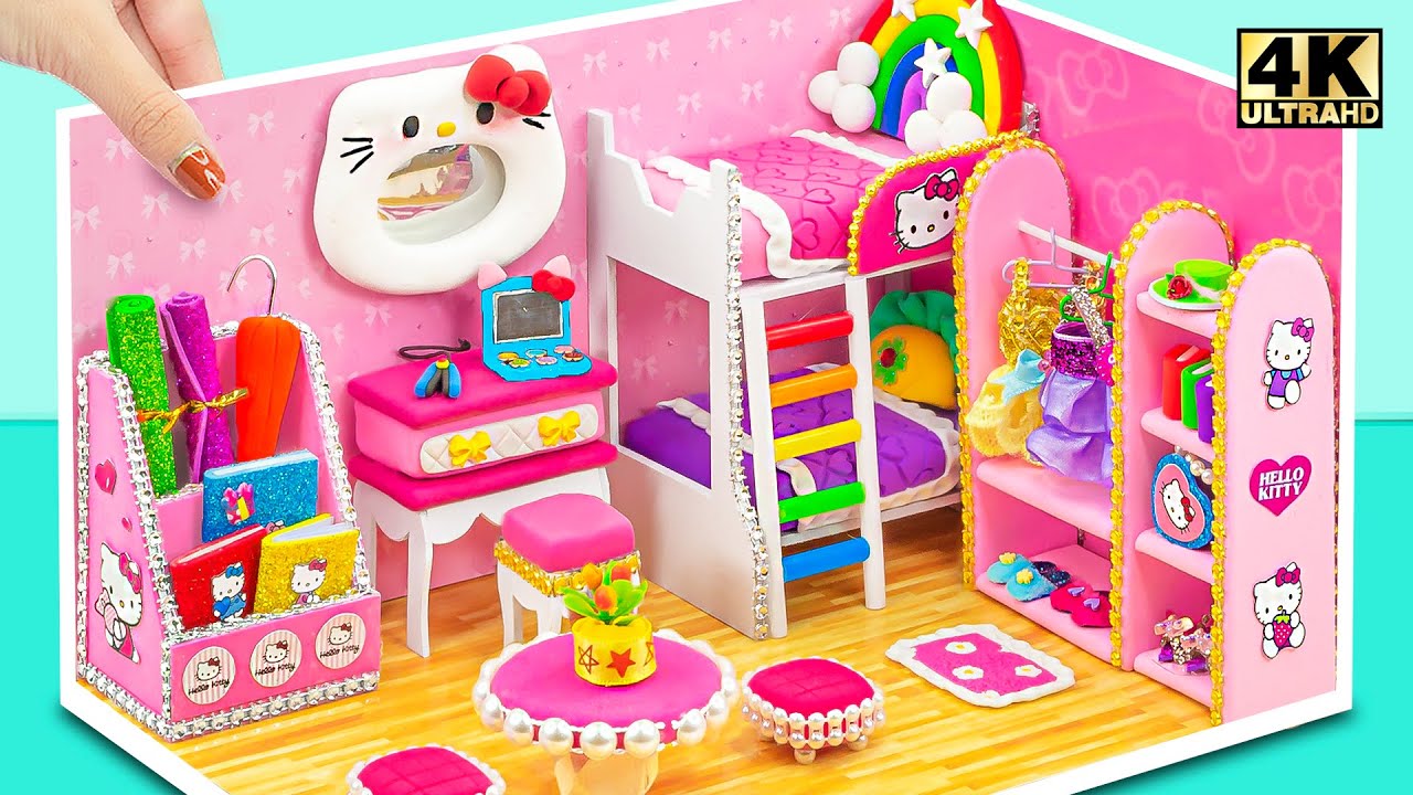 Building Cute Pink Hello Kitty Bedroom has Bunk Bed, Rainbow Slide Pool ❤️  DIY Miniature Clay House 