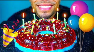 HAPPY BIRTHDAY CAKE JERRY ASMR EATING JELLO GUMMY CAKE TALKING BIG BITES MUKBANG