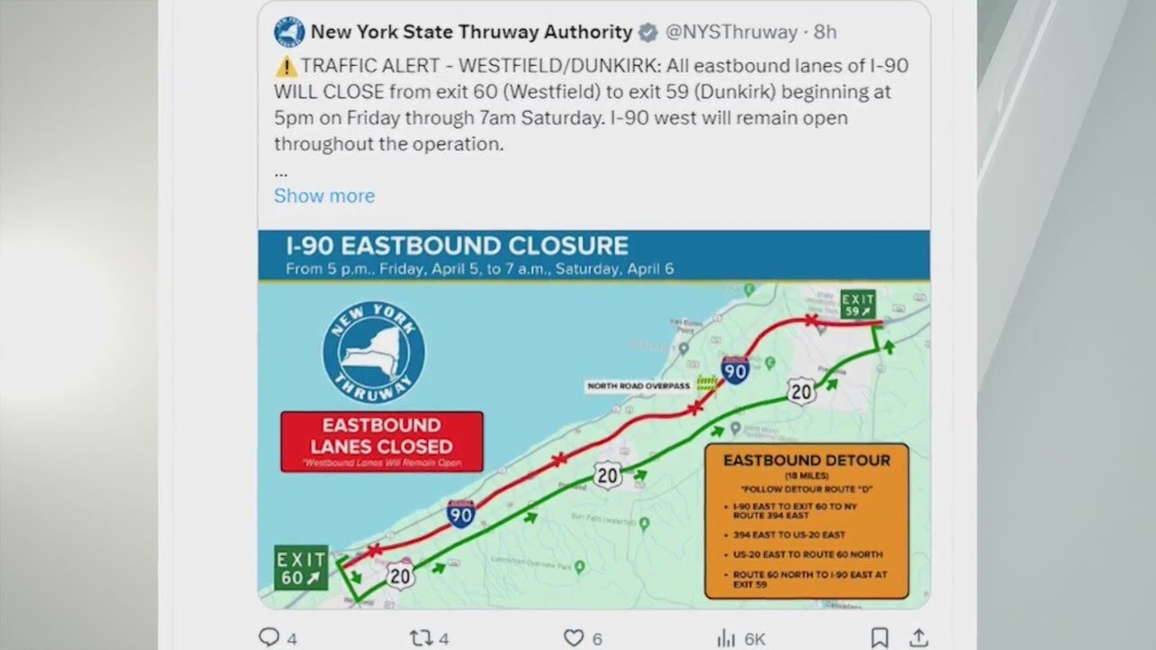 Section of I-90 east in Chautauqua County to close overnight Friday into  Saturday