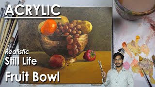 Metal Fruit Bowl - Still Life Painting | Realistic Acrylic Fruits Painting step by step