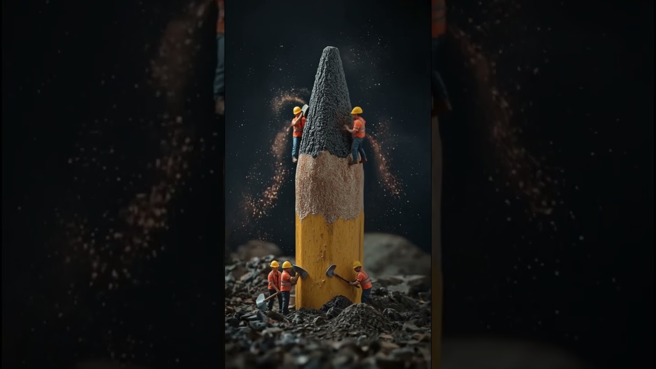 A team of miniature construction chisel rhythmically at a giant pencil's graphite tip