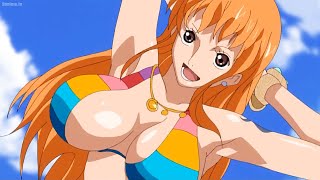 Nami plays with two giant balls that want to explode at any moment because the bikini is too small