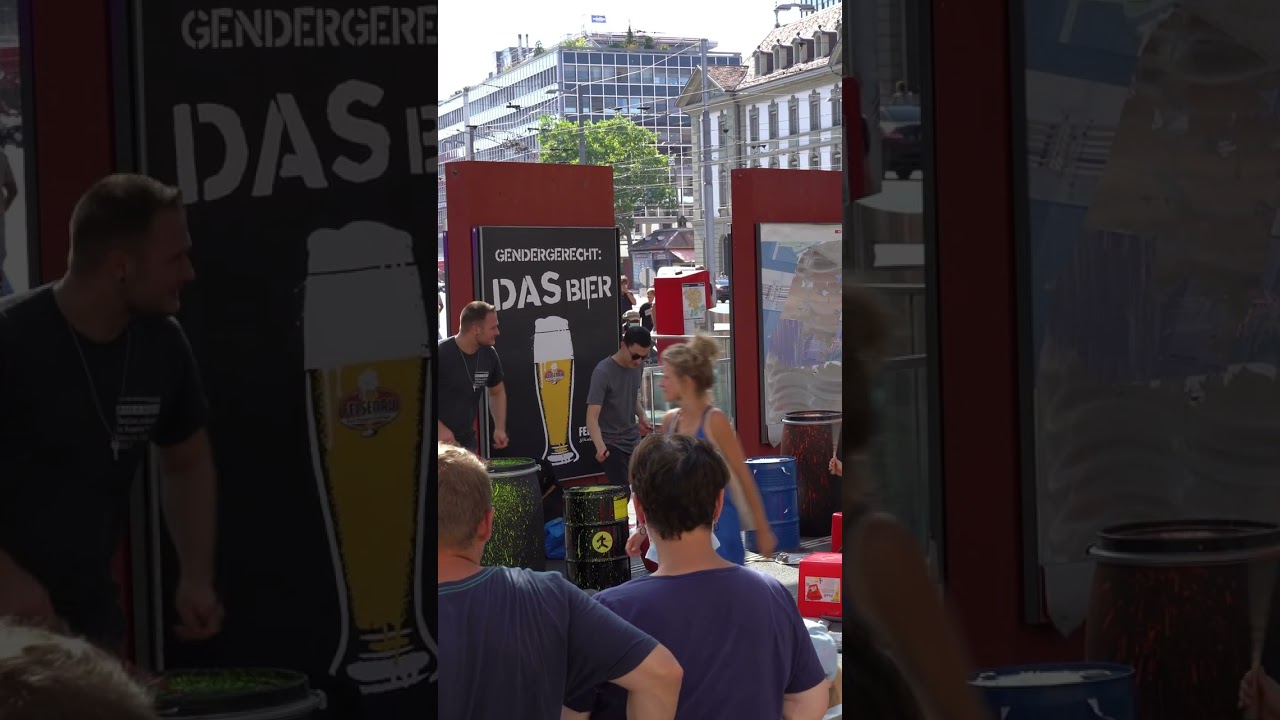 Bern Station square street drummers on a summer day.