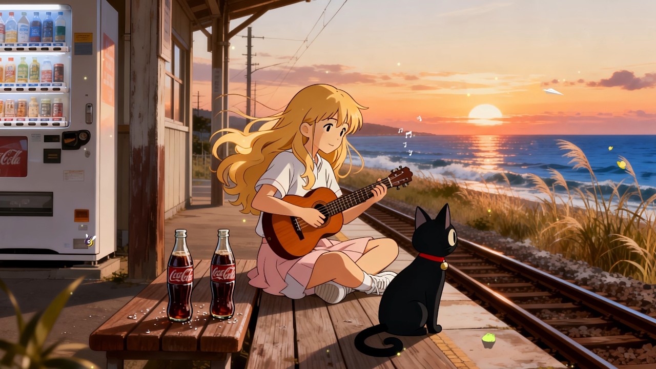 Seaside Train Station at Sunset with Kitty's 🌅 Ghibli Lofi Jazz 🌊 Relaxing Jazz Beats to Unwind