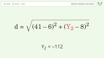 Find the distance between two points p1 (6,8) and p2 (41,-112): Step-by-Step Video Solution