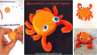 Cómo hacer un CANGREJO NARANJA. Manualidad para niños con tapones de plastico. Reciclaje y DIY