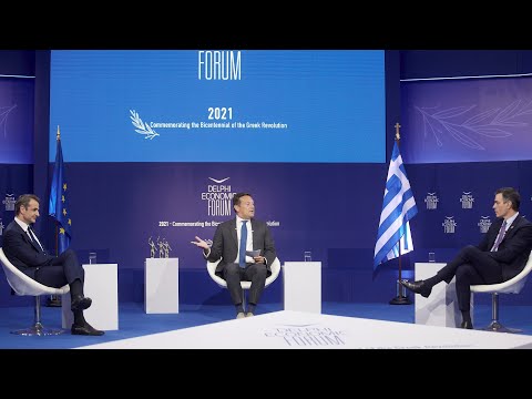PM Mitsotakis and the PM of Spain Sánchez in conversation with Florian Eder at the Delphi Forum