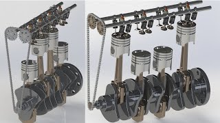 DOHC Inline Four cylinder / i4 four stroke diesel engine animation using Solidworks & Photoview360