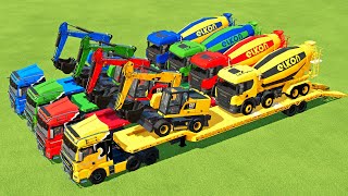 TRANSPORTING EXCAVATOR, MIXER TRUCK, BULLDOZER, POLICE CARS TO GARAGE WITH MAN TRUCK - FS22