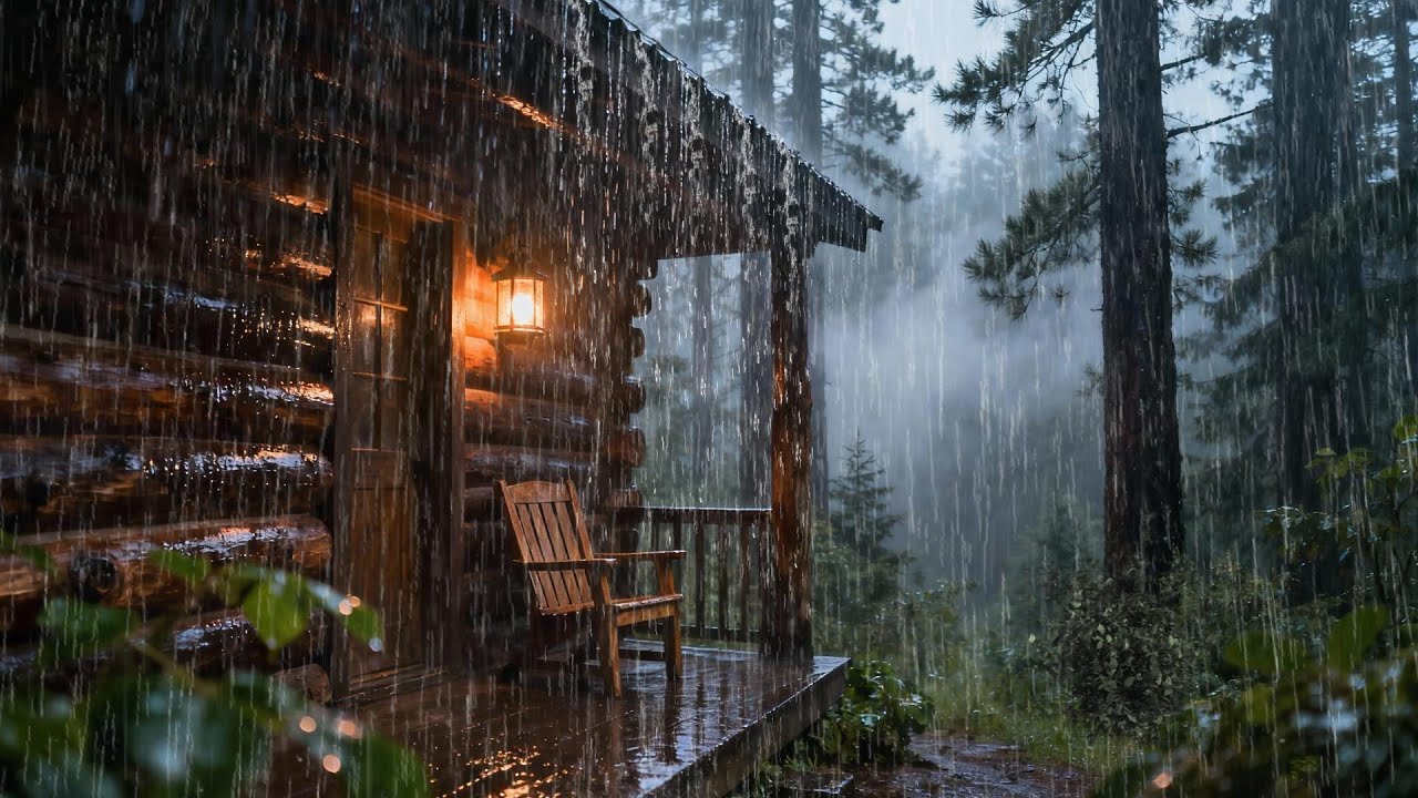 Cozy Cabin Porch in Heavy Rain 🌧️ Relaxing Forest Rain Ambience for ...