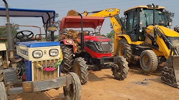 JCB 3DX Backhoe Machine Loading Red Mud In Mahindra Tractor VS Swaraj Tractor Trolley | Jcb Cartoon