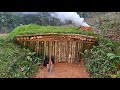 Building complete survival bushcraft shelter  bushcraft earth hut grass roof  fireplace