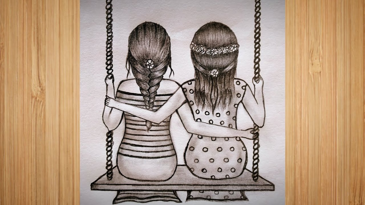 Best Friend Swinging Together Drawing | How to draw a beautiful girl ...