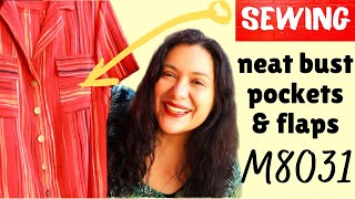 McCall’s 8031 shirt dress. “Unicorn” red stripes. Secrets to sewing neat bust pockets & flaps.