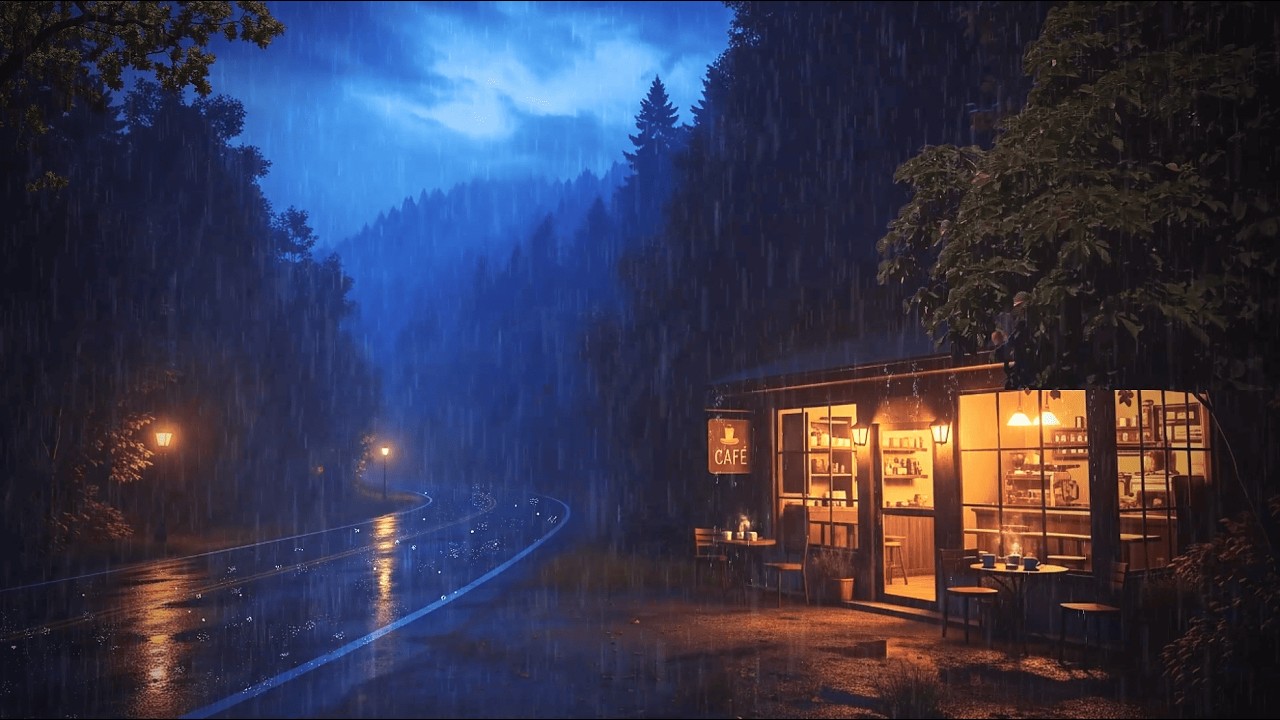 Heavy Rain Sounds on a Forest Road Cafe | Cozy Cafe Ambiance for Deep Sleep & Study Focus