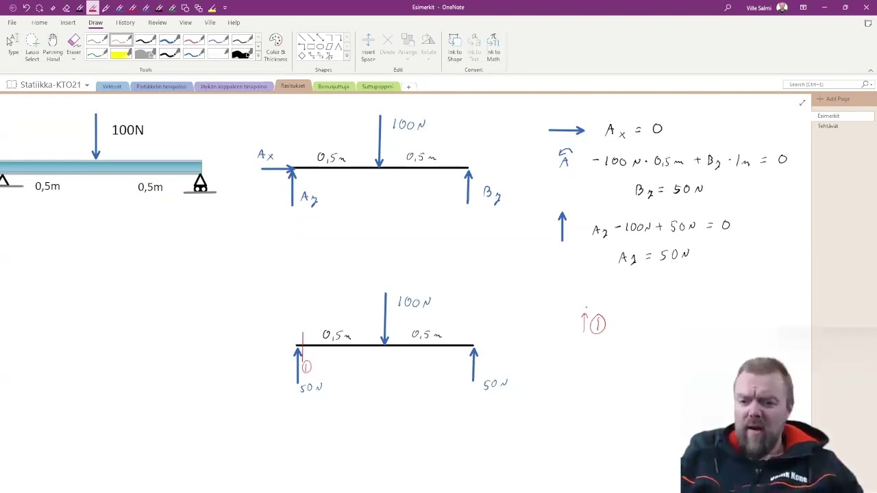 Statiikka - Leikkausvoima & taivutusmomentti - esim.1