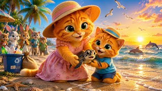 Mother Cat & Kitten Save a Baby Sea Turtle 🐢🏖️ |Heartwarming Beach Adventure | Cute Cat Family Story