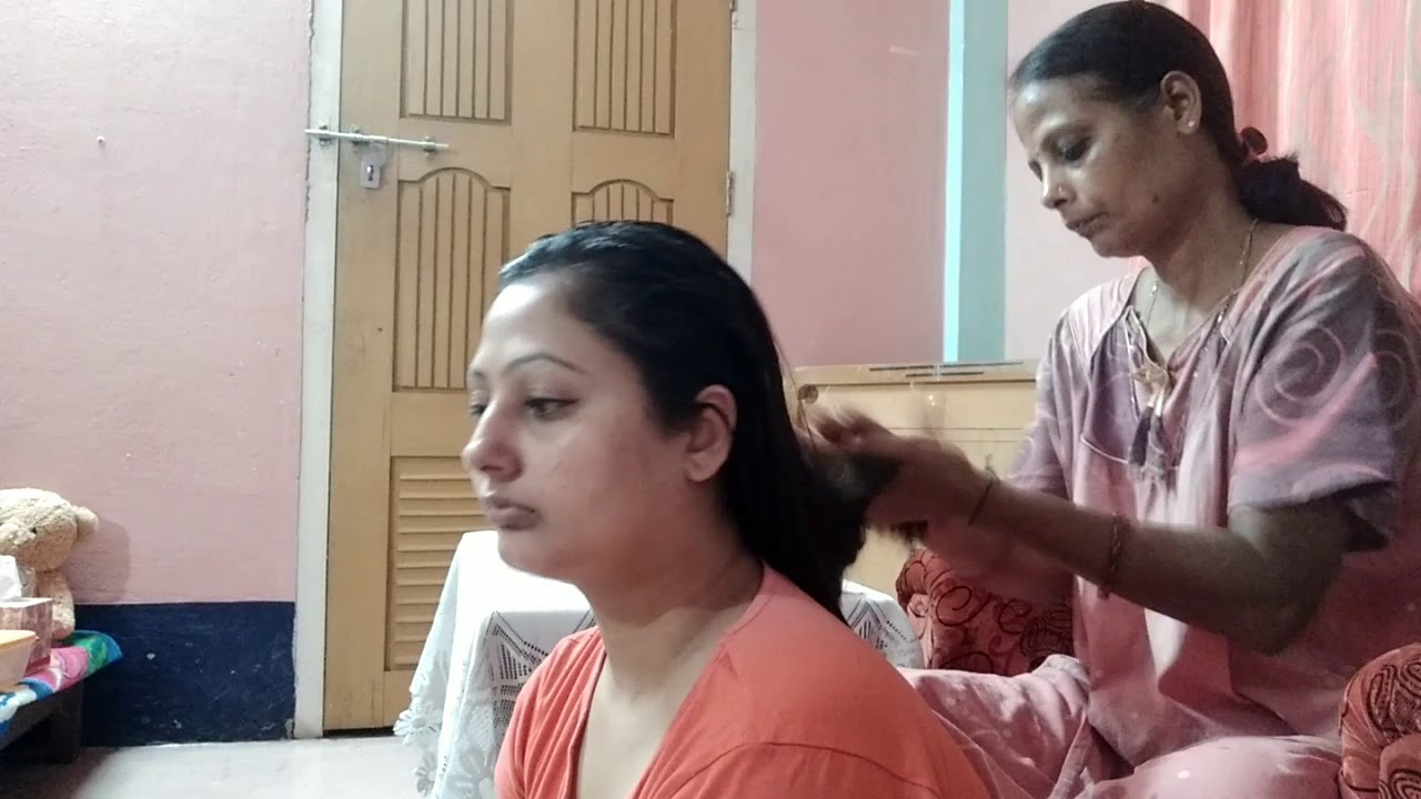 Heavy coconut hair oilling by my mom with 2 braid