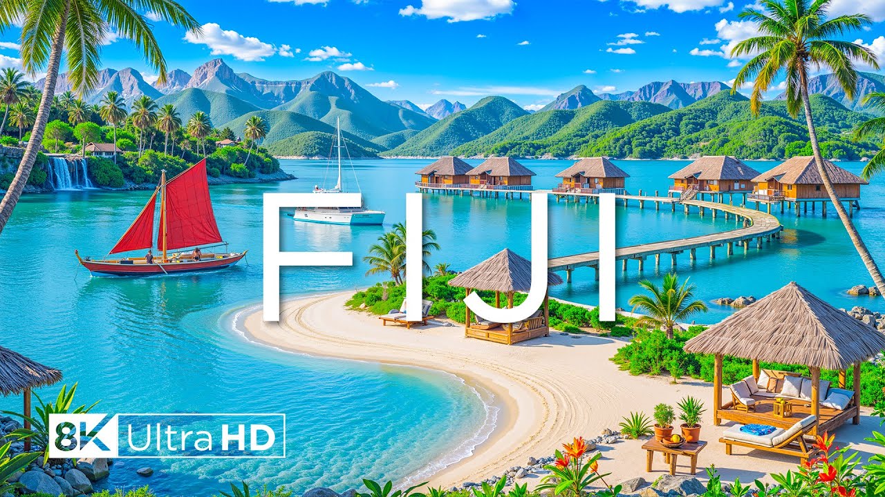 Фиджи 8K UHD — тропический рай с белыми песчаными пляжами, чистой водой и пальмами