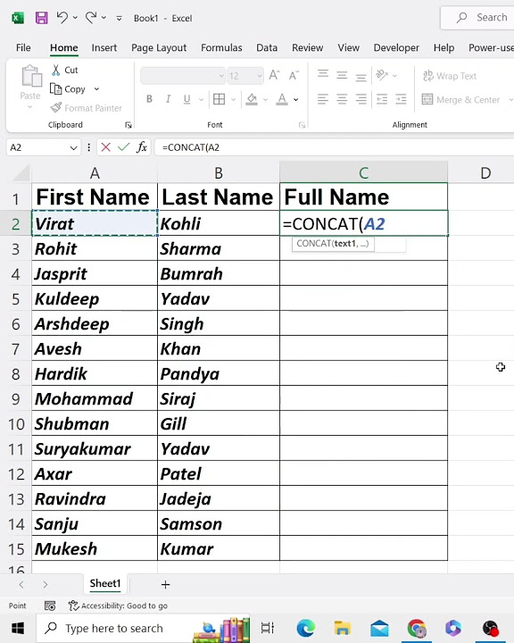 Combine text from multiple cells into one cell concat function 
