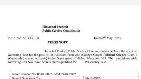 hppsc Assistant Professor  Political Science written exam result | hppsc result 2023 |