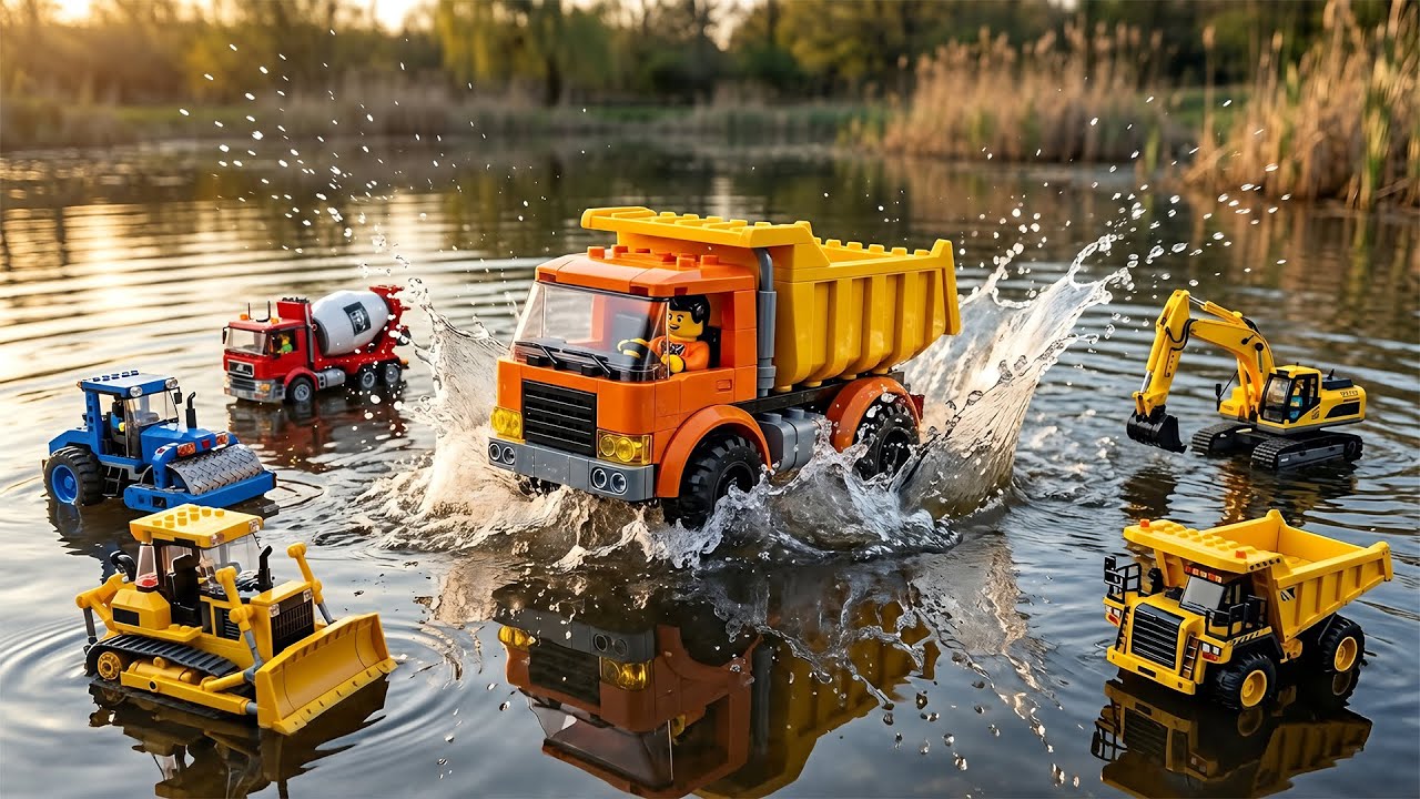 LEGO Construction Trucks Cliff Diving Challenge! 🚜💦 Fly & Splash Song