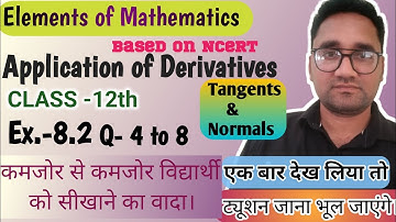 Application of derivatives class 12 | Tangents and Normals | Elements math ch 8 | Ex 8.2 Q 4 to 8