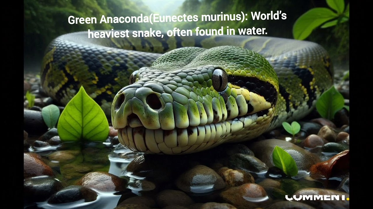 Green Anaconda(Eunectes murinus): World’s heaviest snake, often found in water.